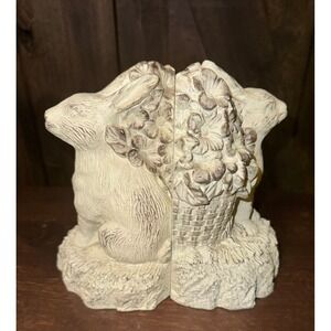 Vintage Charming Bunny Rabbit Pair Bookends Heavy Flower Basket Farmhouse